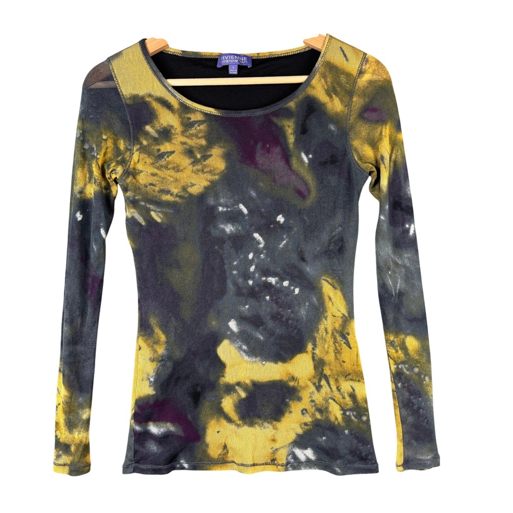 Vivienne Tam Yellow Black Abstract Print Mesh Long Sleeve Top S Y2K Designer